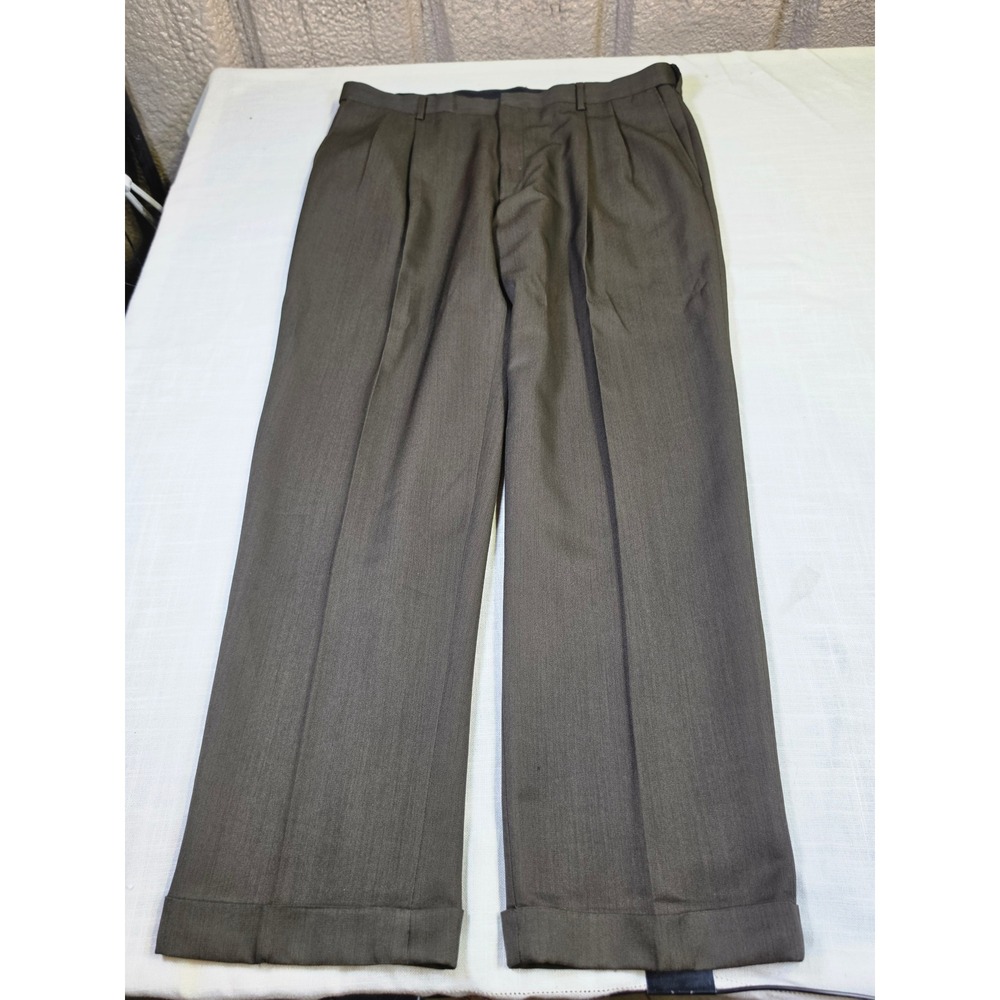 Haggar Mens Pleated Cuffed Dress Pants Brown 40x29 Expandable Waist Trousers